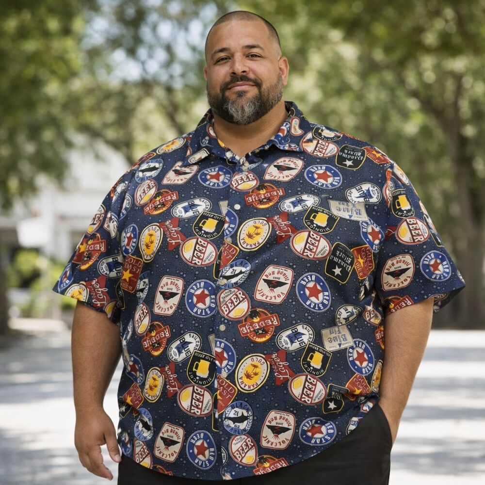 Beer Hawaiian Shirt Beer Label Print Rayon Button Up Camp 3XL Novelty Brewery
